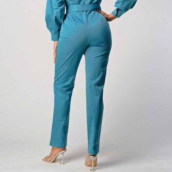 Teal Blue Belted Utility Jumpsuit - Picture 10 of 12
